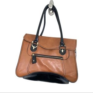 London Fog Faux Leather Satchel Brown Black Python Print Mixed Media